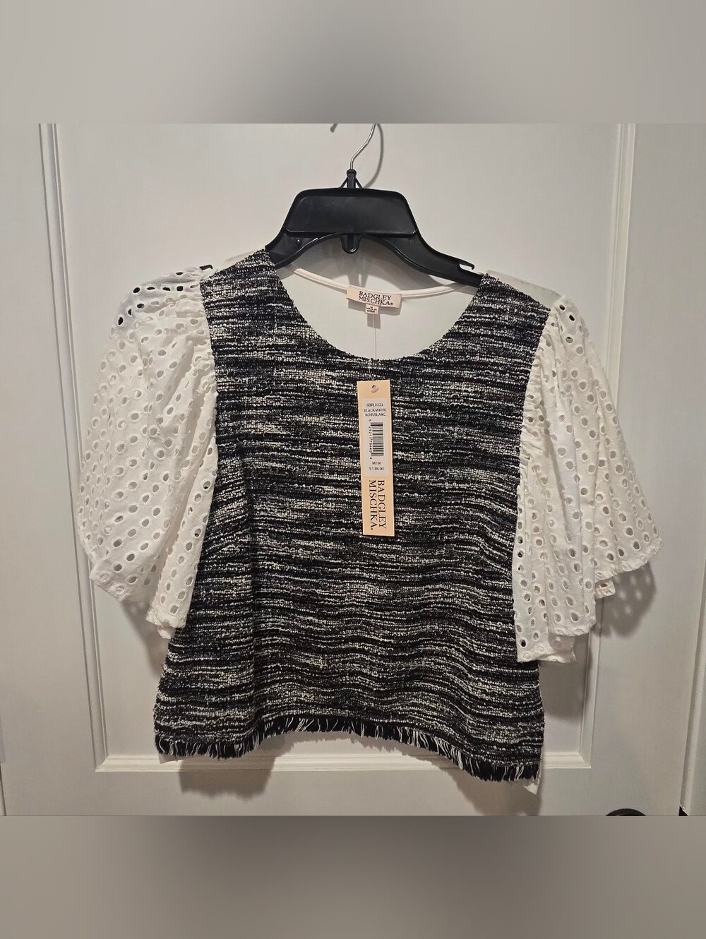 Badgley Mischka Black and White Tweed Crop Top with Eyelet Puff Sleeves Nwt